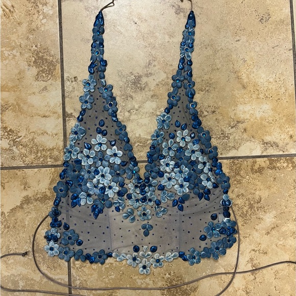 Ema Savahl Tops - Ema Savahl Couture Halter Tie Back Top - Blue Floral Design